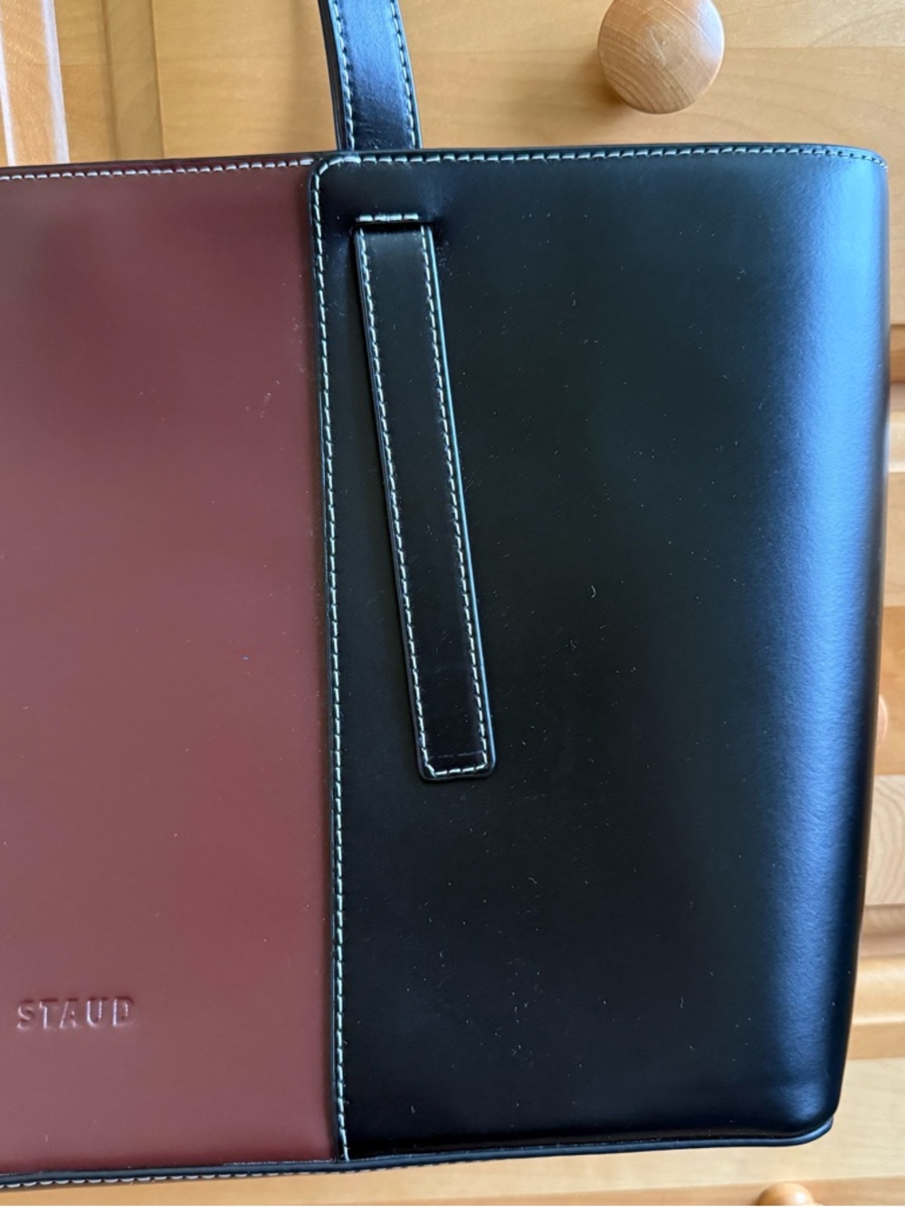 STAUD Two-Panel Leather Tote in Burgundy and Black - Picture 3 of 7